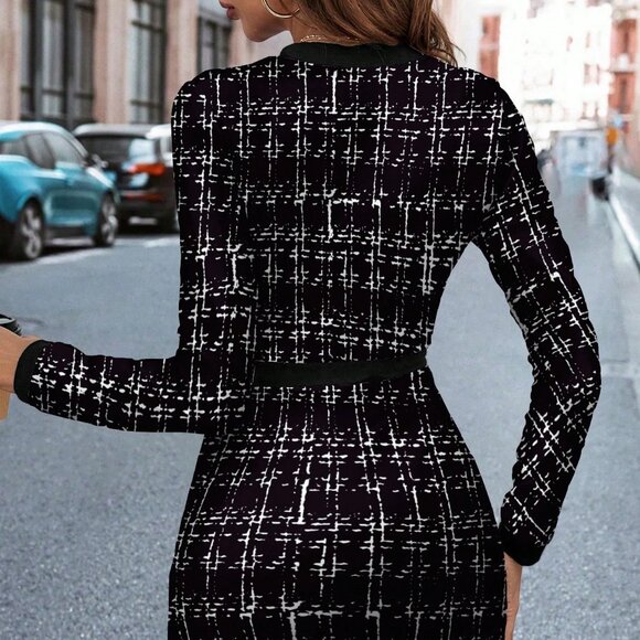 Black Elegant Women's Plaid Crew Neck Long Sleeve Button Design Work Midi Dress - Picture 7 of 7
